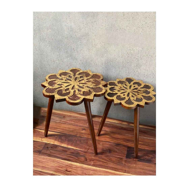 Set Of 2  Distressed Mango Wood  Sunflower Tables - Gold Finish