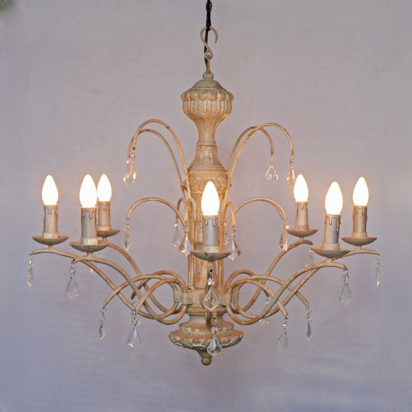 Ornate Cream Column Chandelier – 8-Light Scroll Frame with Crystals