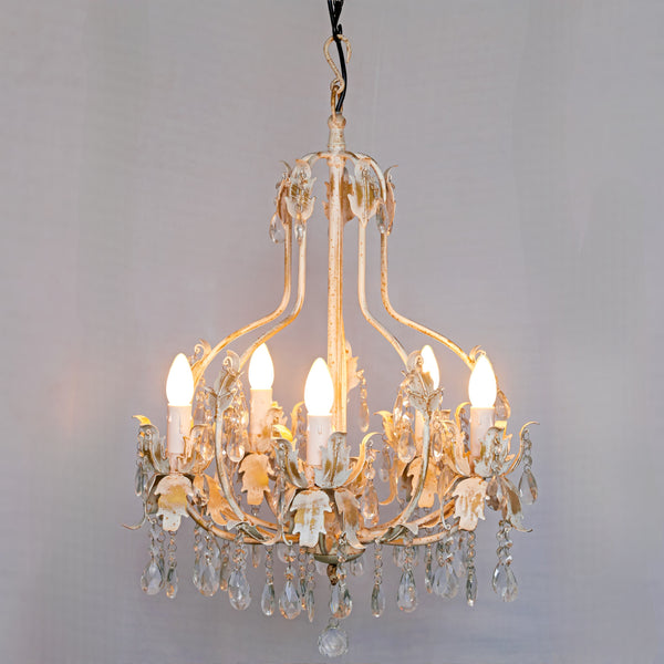 Vintage White Floral Crystal Chandelier – Distressed Look - 5 Light