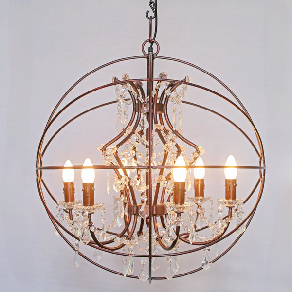 Orbital Crystal Sphere Chandelier – Rustic Iron Finish - 6 Light