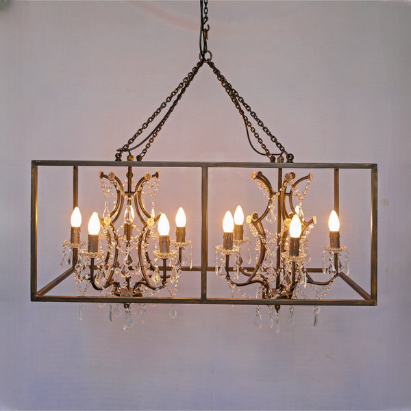 Rectangular Dual-Cage Crystal Chandelier – 10-Light Industrial Luxe