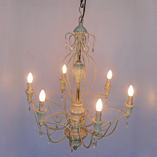 Cream Scroll Chandelier 6-Light with Crystal Drops
