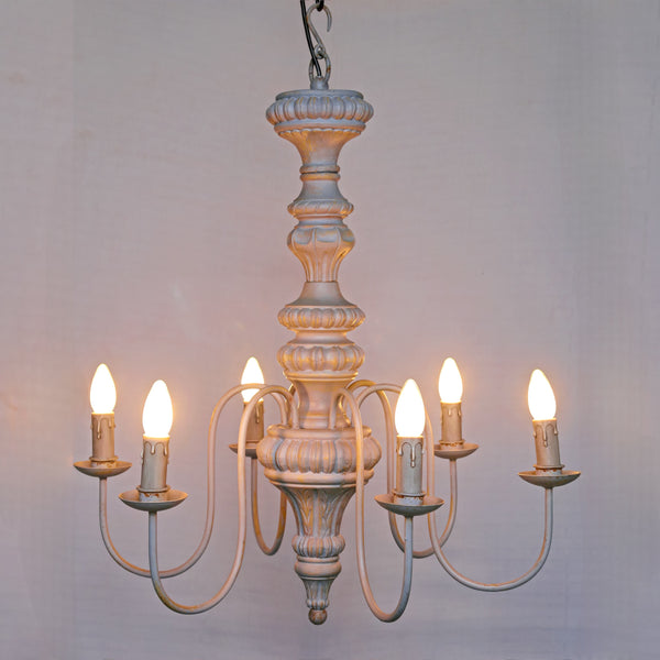 Classic Turned Wood Chandelier 6-Light in Distressed Cream