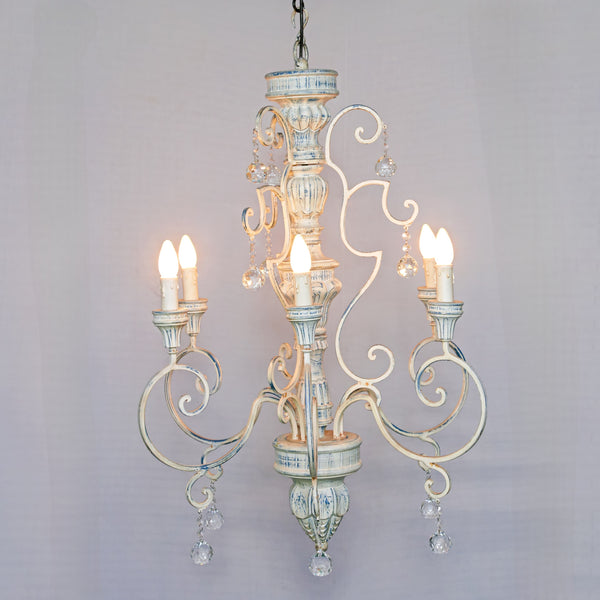 Ornate Rococo Cream Chandelier 6-Light with Crystal Drops