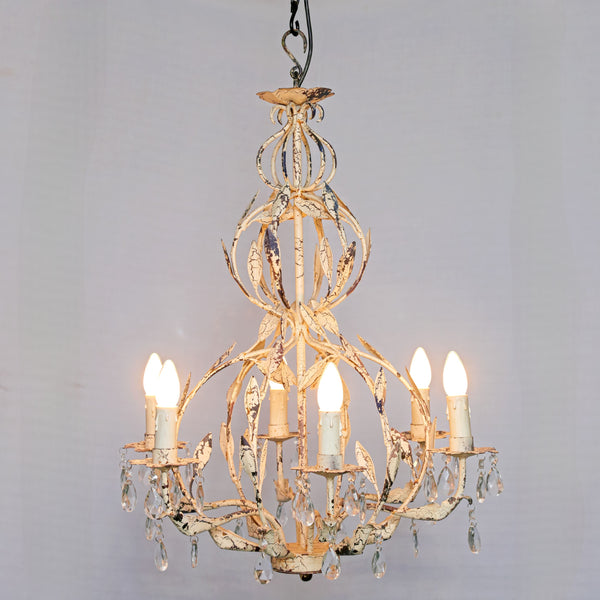 Shabby Chic Cream Leaf Chandelier – Distressed Metal - 6 Light