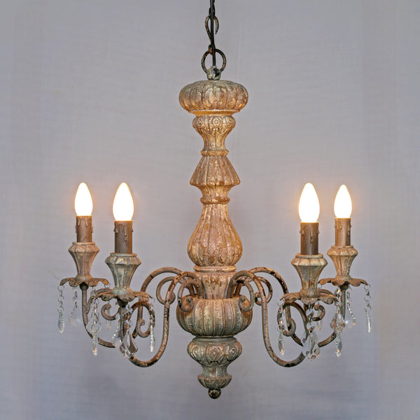 Distressed Wood Baroque Chandelier – 4-Light Scroll Arm with Crystals