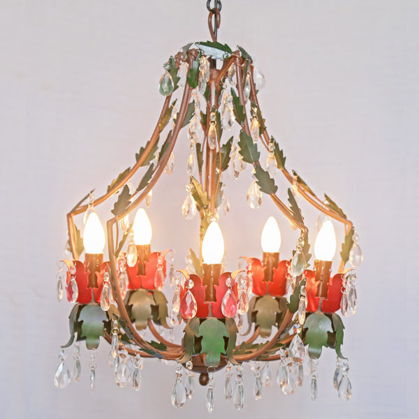 Red & Green Floral Crystal Chandelier – Whimsical 5-Light