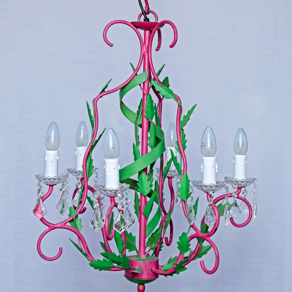 Floral Vine Pink Green Chandelier – Handpainted Finish - 6 Light