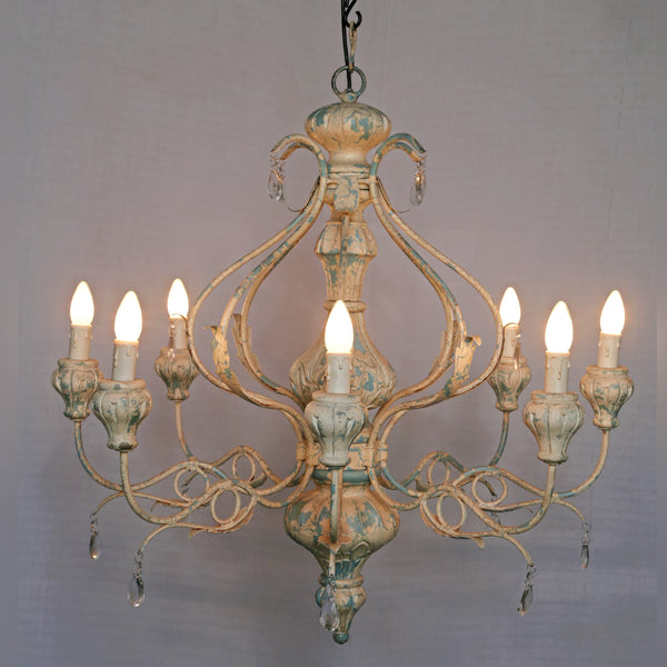 Vintage Cream Scroll Chandelier – 8-Light Rustic Patina