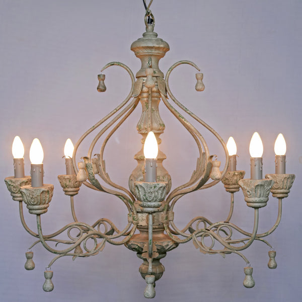 Vintage Cream Patina Chandelier – Elegant 8-Light Scroll Arms