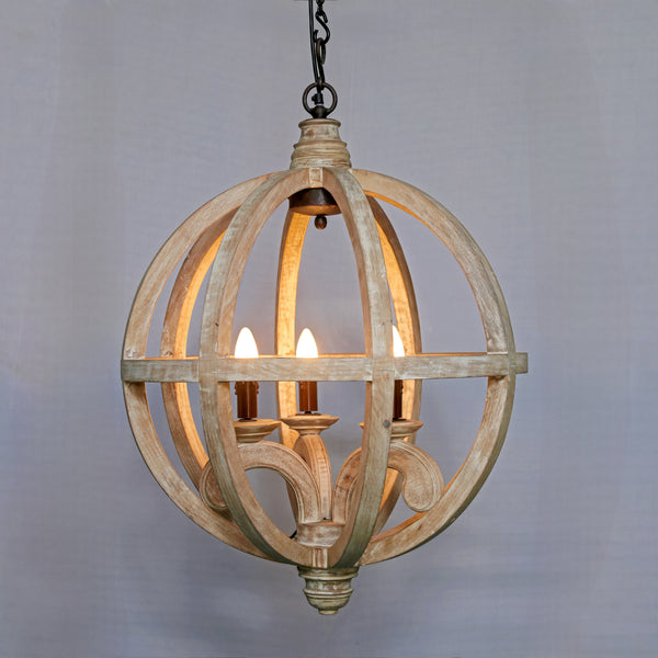 Rustic Farmhouse Wood Globe Chandelier - 3 Light