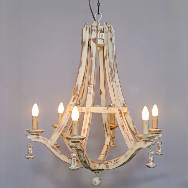 Farmhouse Whitewashed Wooden Chandelier – Distressed Finish - 6 Light