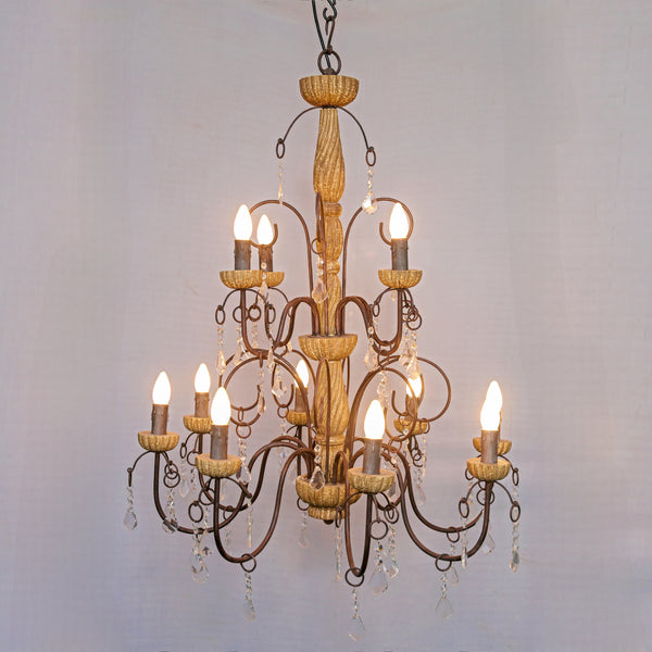 Rustic Scroll Arm Chandelier – 12-Light with Wood & Iron Finish