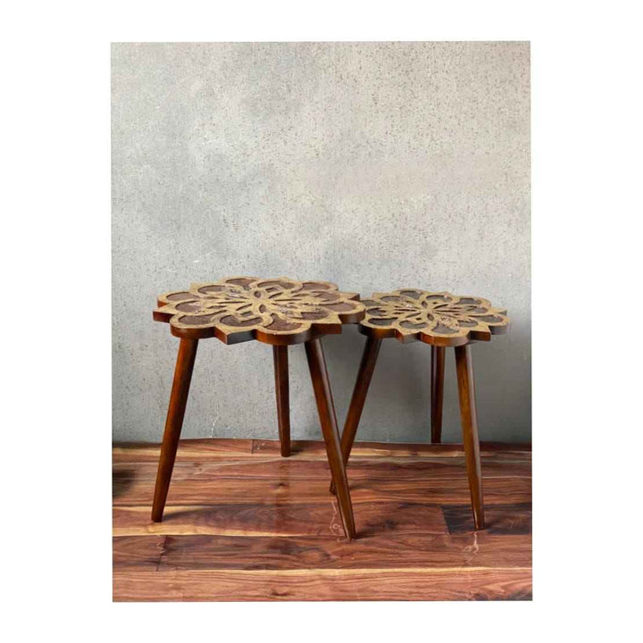 Set Of 2  Distressed Mango Wood  Sunflower Tables - Gold Finish