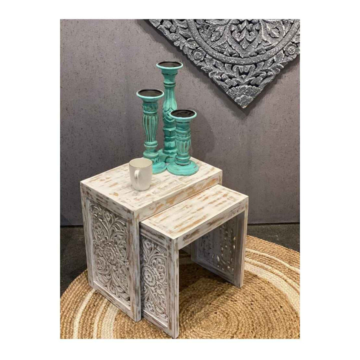 Set Of 2 White Distressed Mango Wood  Nesting Tables