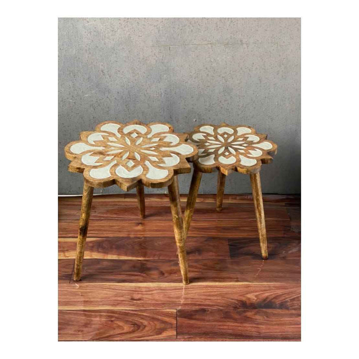 Set Of 2 White Distressed Mango Wood  Sunflower Tables