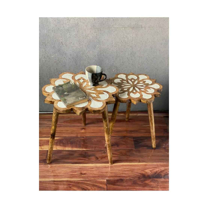 Set Of 2 White Distressed Mango Wood  Sunflower Tables