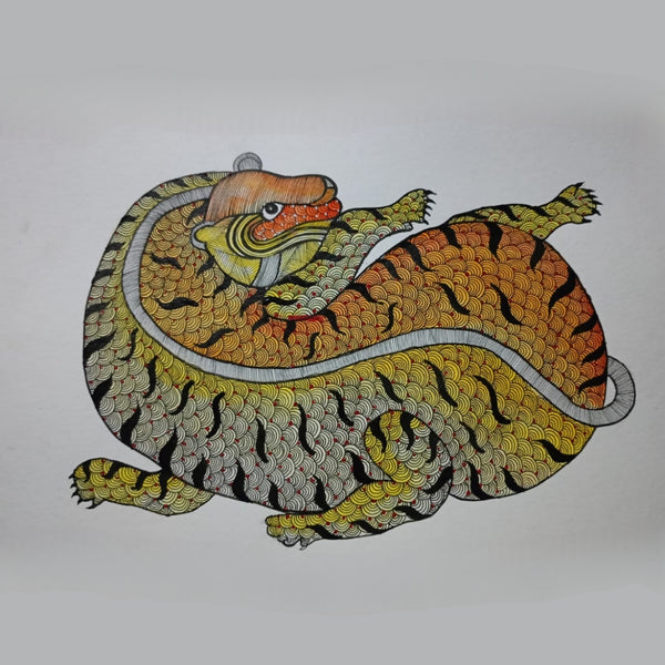 Vyaghra-Matsya Gond Art – Tiger-Fish Fusion Painting