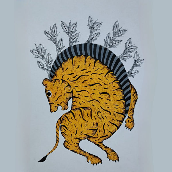 Simha-Latika Gond Art – Tiger & Nature Abstract Painting