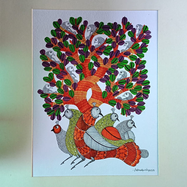 Mayura-Garima Gond Art – Peacock and Nature Traditional Painting