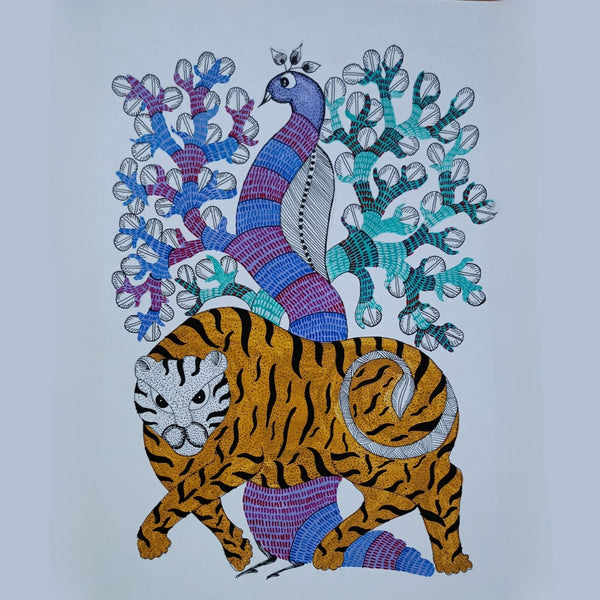 Vriksha-Simha Gond Art – Tiger & Tree Tribal Artwork