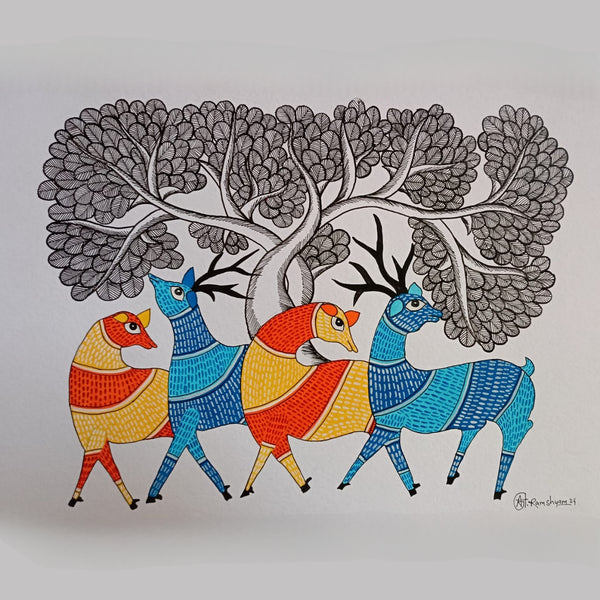 Mriga-Sangam Gond Art – Deer & Nature Tribal Painting