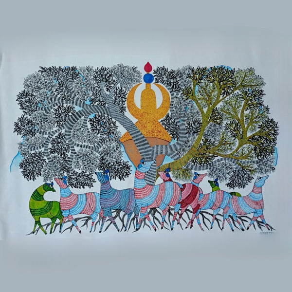 Divya-Vriksha Gond Art – Sacred Tree & Deers Traditional Painting