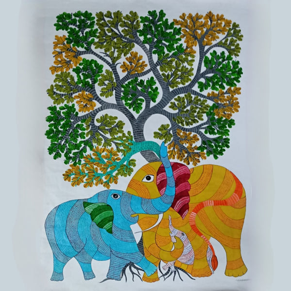 Gajendra-Sneh Gond Art – Elephants & Nature Love Painting