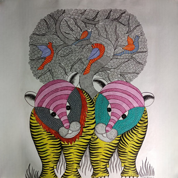 Vyaghra-Sneha Gond Art – Twin Tigers & Forest Traditional Painting