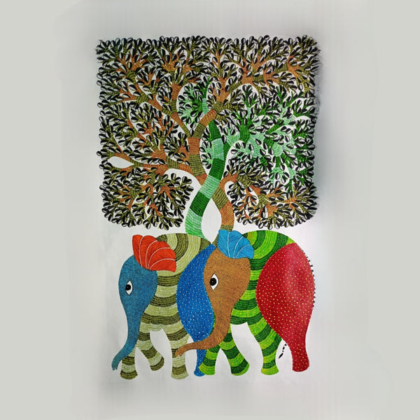 Hasti-Vriksha Gond Art – Elephant & Tree Folk Painting