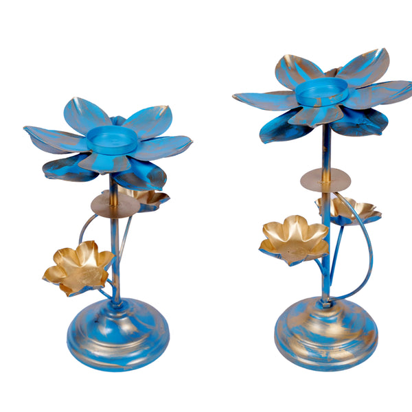 Ziya Lotus Diya Stand - Blue - Set of 2