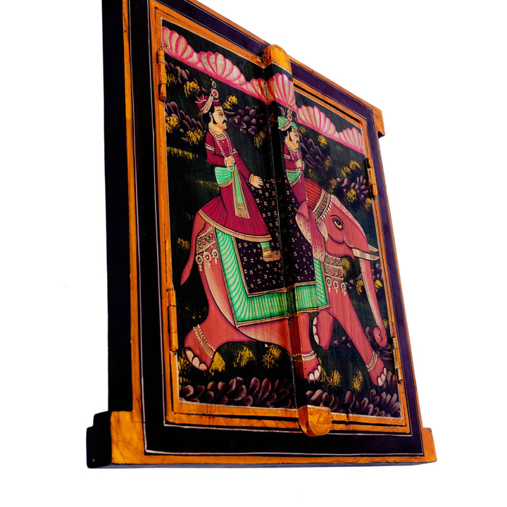 Hand Painted Wooden Wooden -  Royal Indian King Hunting On A Elephant