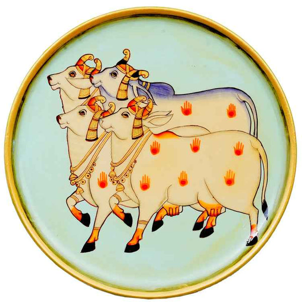 Handpainted Pichwai Wall Plate -4 Nandis