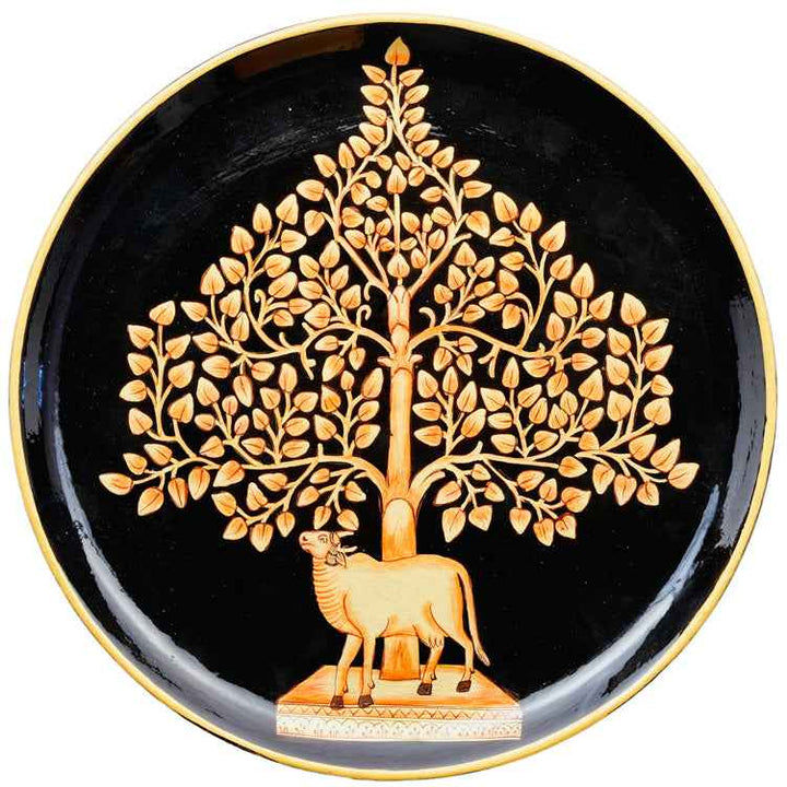 Handpainted Pichwai Wall Plate - Nandi under a tree