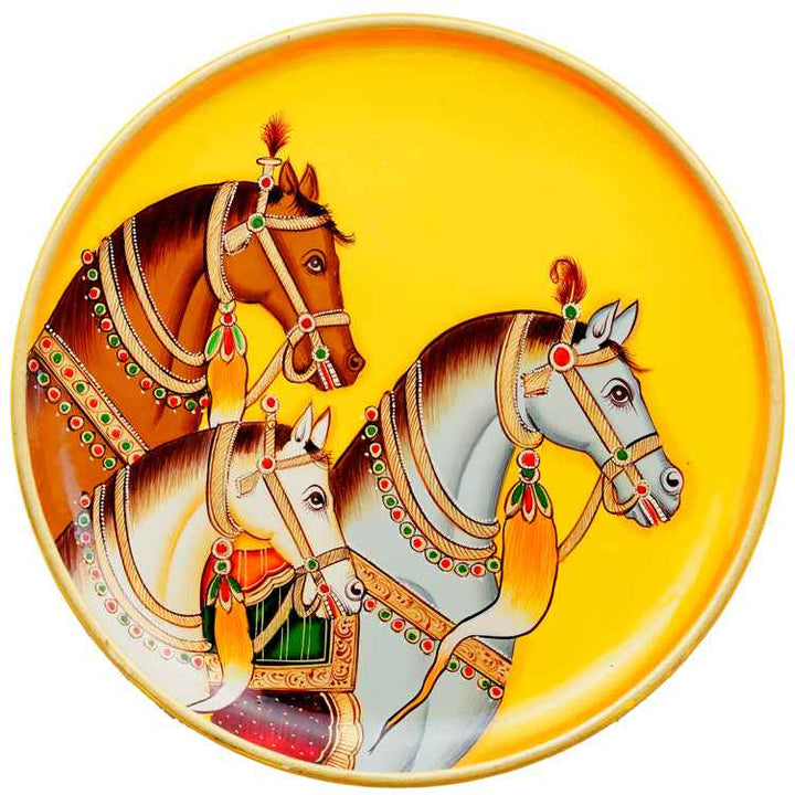 Handpainted Pichwai Wall Plate - 3 Horses