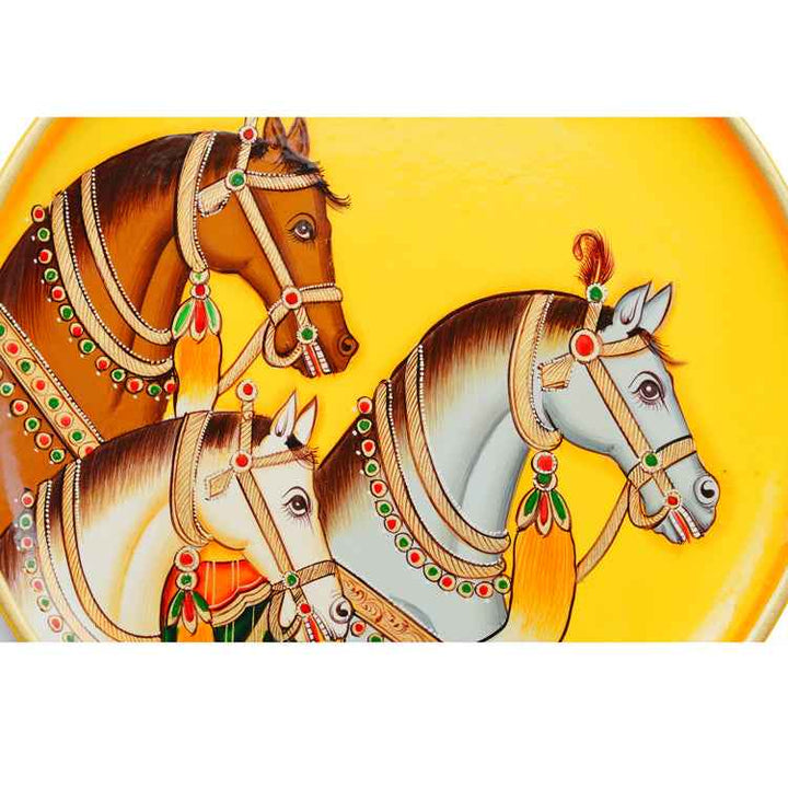 Handpainted Pichwai Wall Plate - 3 Horses