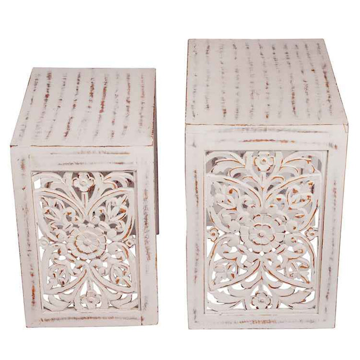 Set Of 2 White Distressed Mango Wood  Nesting Tables