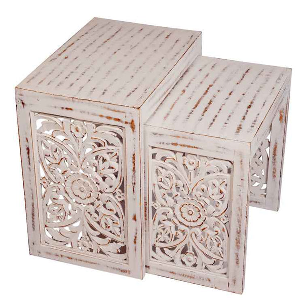 Set Of 2 White Distressed Mango Wood  Nesting Tables