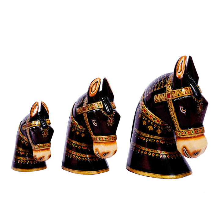 Set Of 3 Hand Painted Horse Heads - Brown