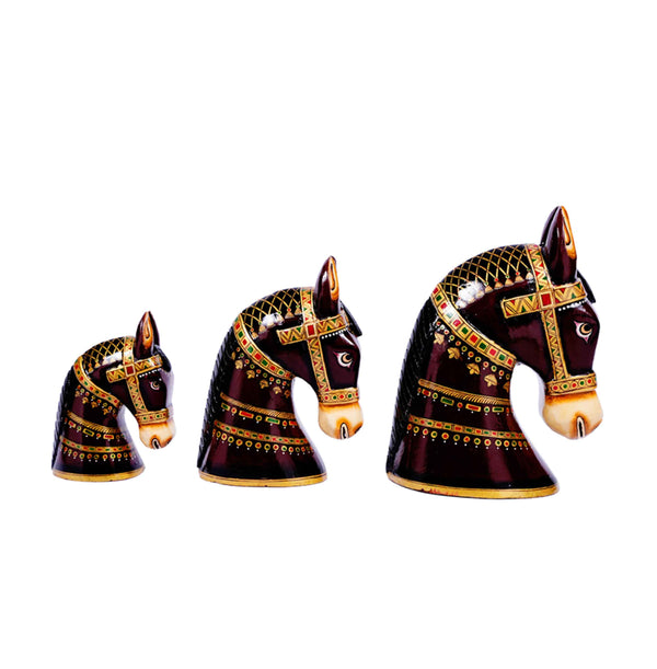 Set Of 3 Hand Painted Horse Heads - Brown