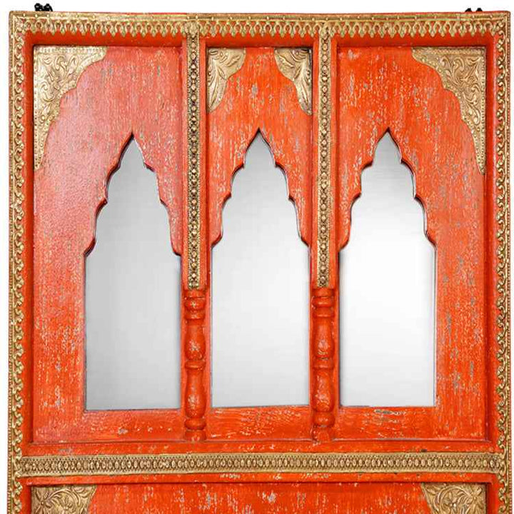 Jharoka Style Mirror Frame With Brass Fittings - Red