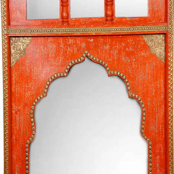 Jharoka Style Mirror Frame With Brass Fittings - Red