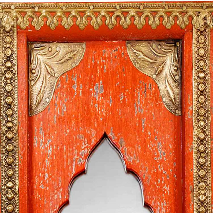 Jharoka Style Mirror Frame With Brass Fittings - Red