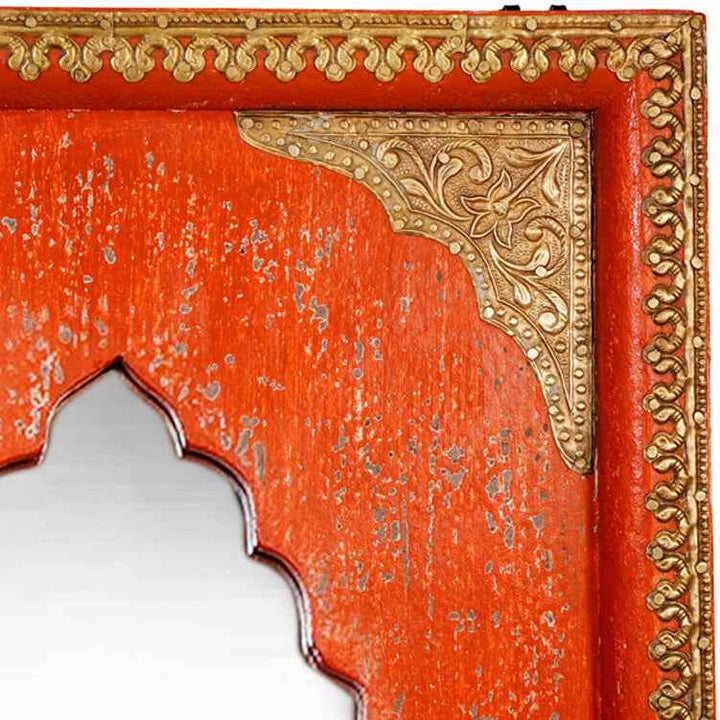 Jharoka Style Mirror Frame With Brass Fittings - Red