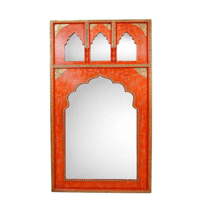 Jharoka Style Mirror Frame With Brass Fittings - Red
