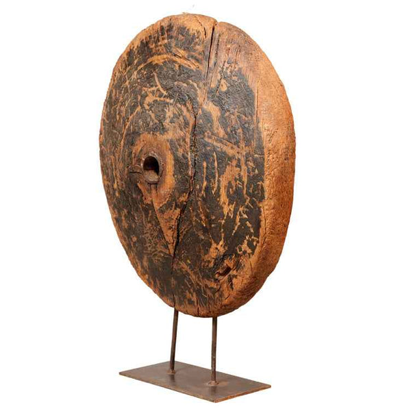 Wooden Wheel With Iron Stand - Decor